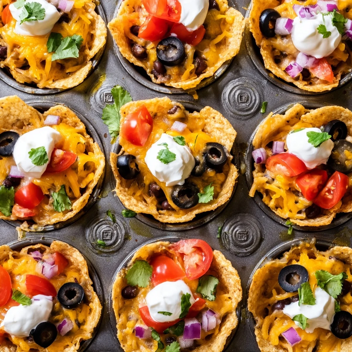 Crispy tortilla cups overflowing with gooey melted cheese black beans and zesty garnishes