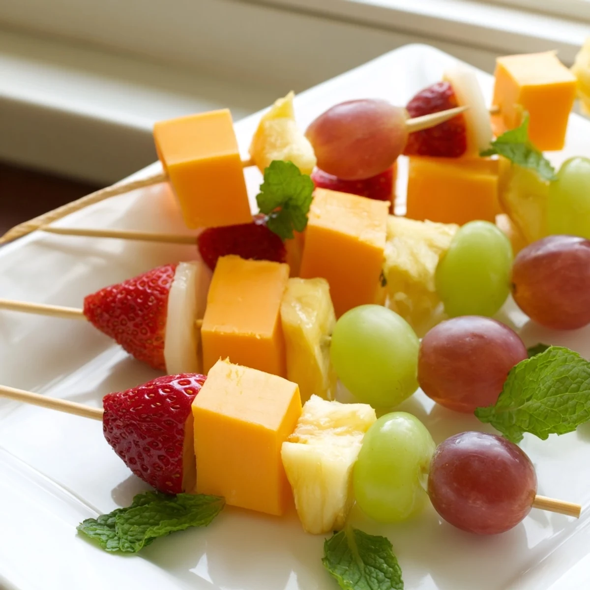 Colorful fruit and cheese kabobs arranged on a platter with grapes strawberries pineapple and cheddar cubes