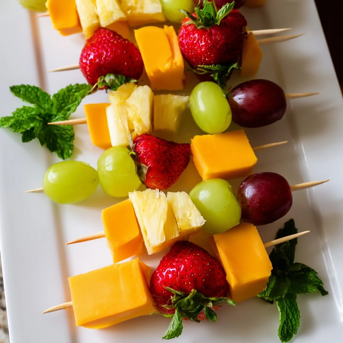 Fresh fruit and cheese kabobs featuring ripe strawberries pineapple grapes and creamy Monterey Jack skewers