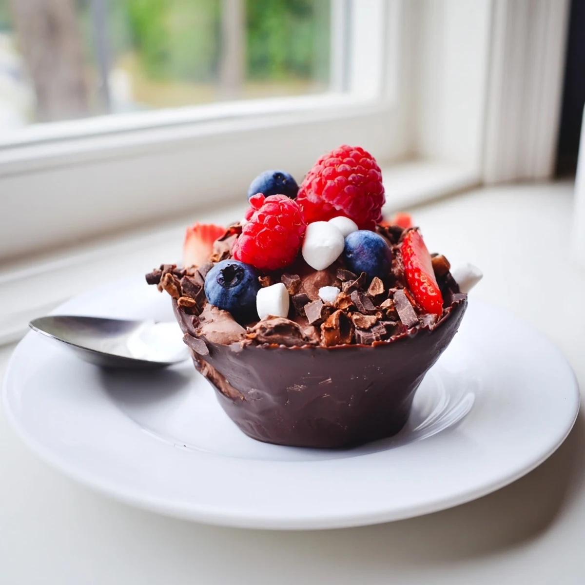 Rich chocolate cups showcase velvety mousse topped with vibrant berries and crunchy nut garnishes