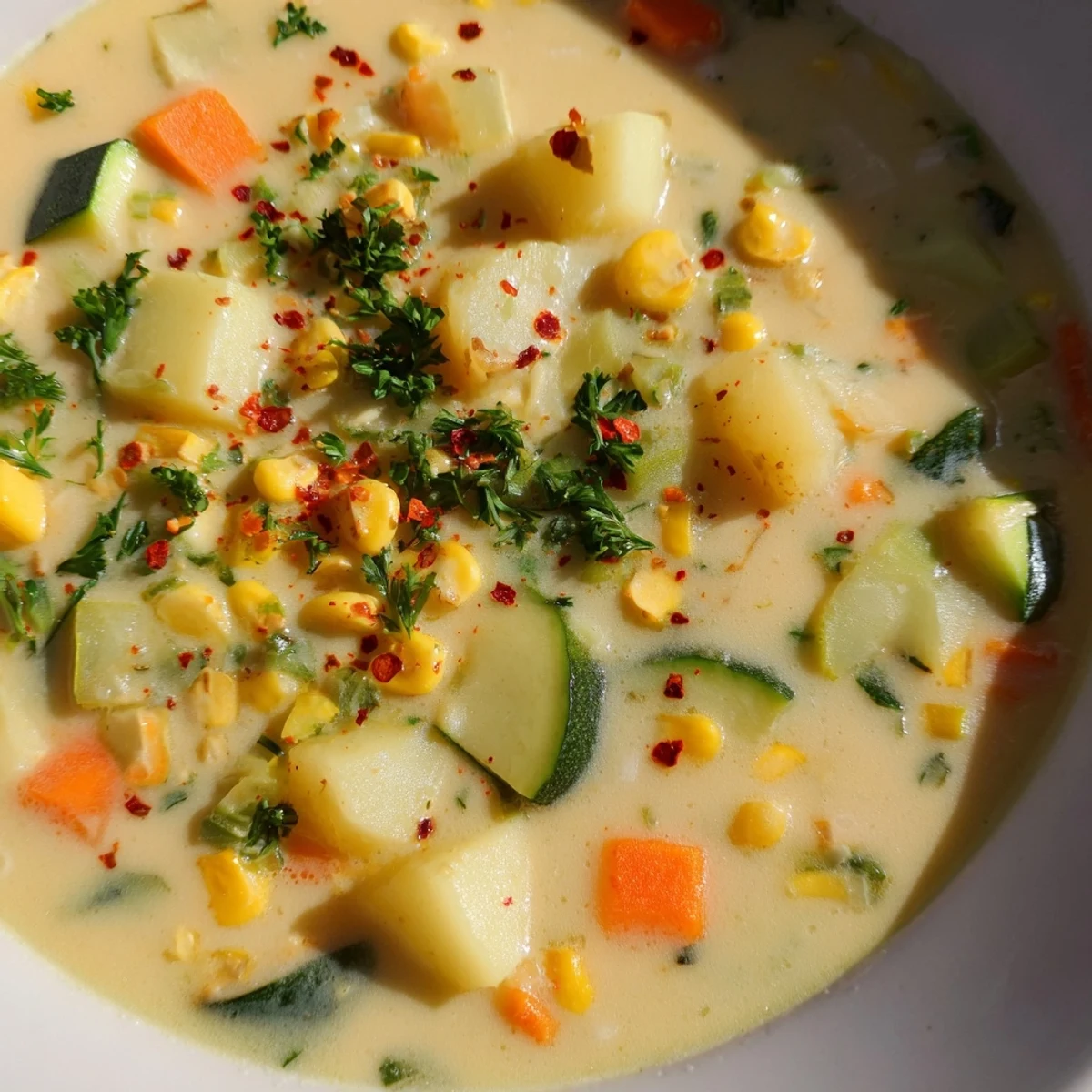 Creamy potato corn zucchini soup in a rustic bowl garnished with fresh parsley