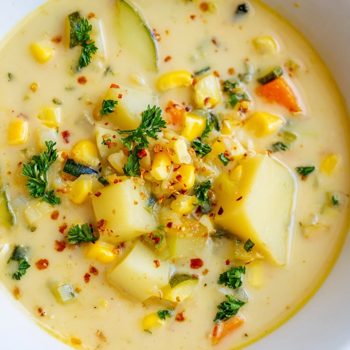 Steaming bowl of hearty potato corn zucchini soup with tender vegetables and golden broth