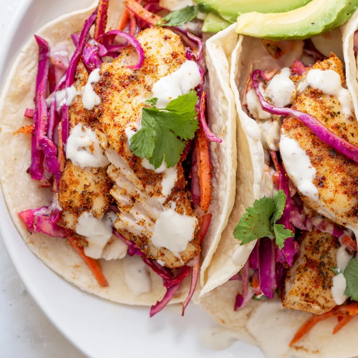 Crispy spiced tilapia fish tacos topped with vibrant slaw and creamy zesty crema