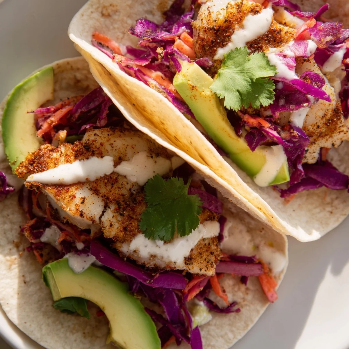 Golden tilapia fish tacos with fresh cabbage slaw and tangy lime crema drizzle