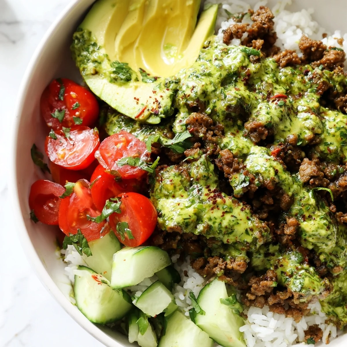 Chimichurri ground beef bowls with fluffy rice and fresh vegetables drizzled in vibrant green sauce