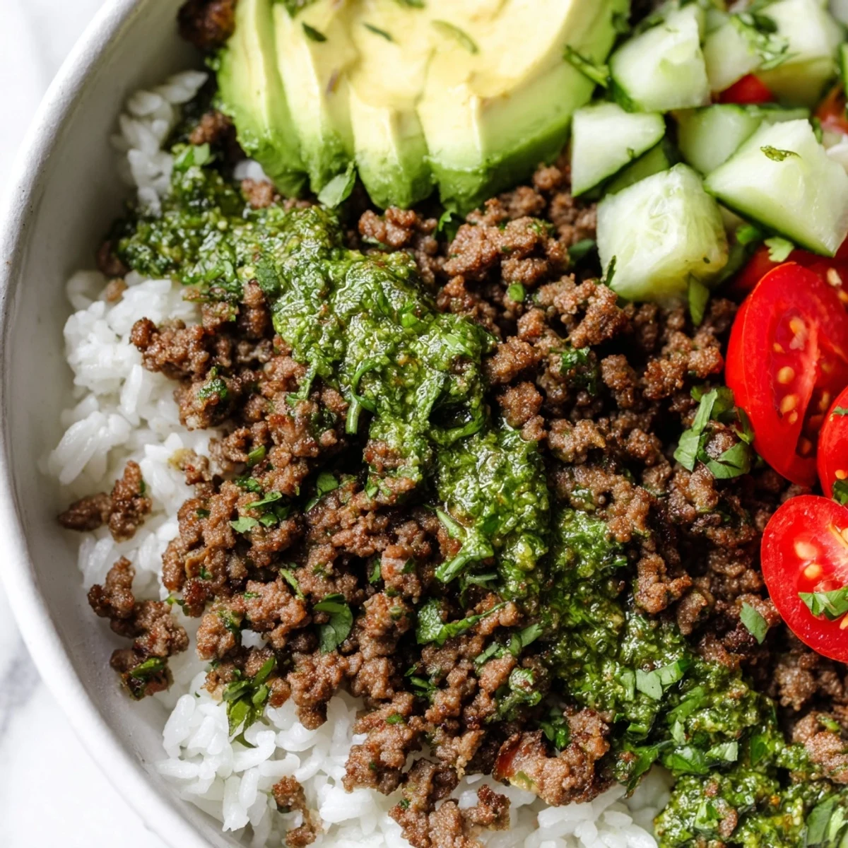 Seasoned chimichurri ground beef bowls topped with creamy avocado slices and bright, zesty herbs