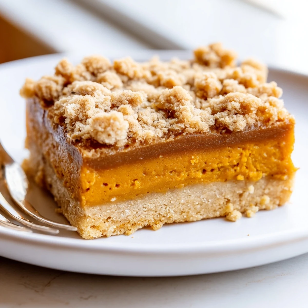 Brown Sugar Maple Pumpkin Butter Bars with golden streusel topping on a rustic plate