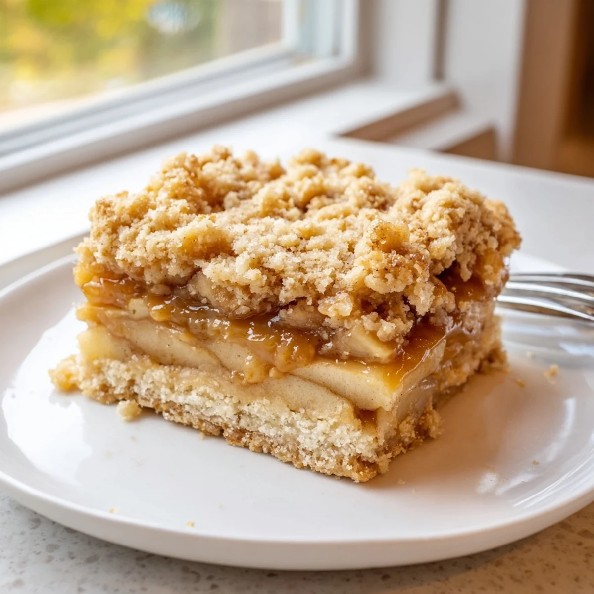 Golden caramel apple crumb bars with buttery topping on a rustic baking sheet