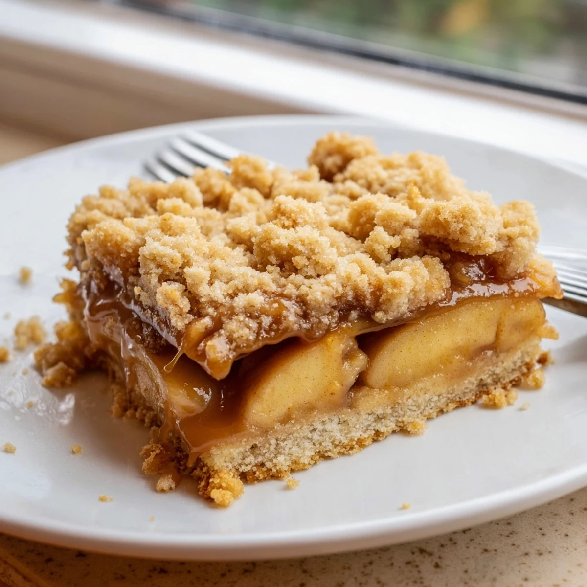 Chewy caramel apple crumb bars nestled in parchment revealing layers of spiced apples