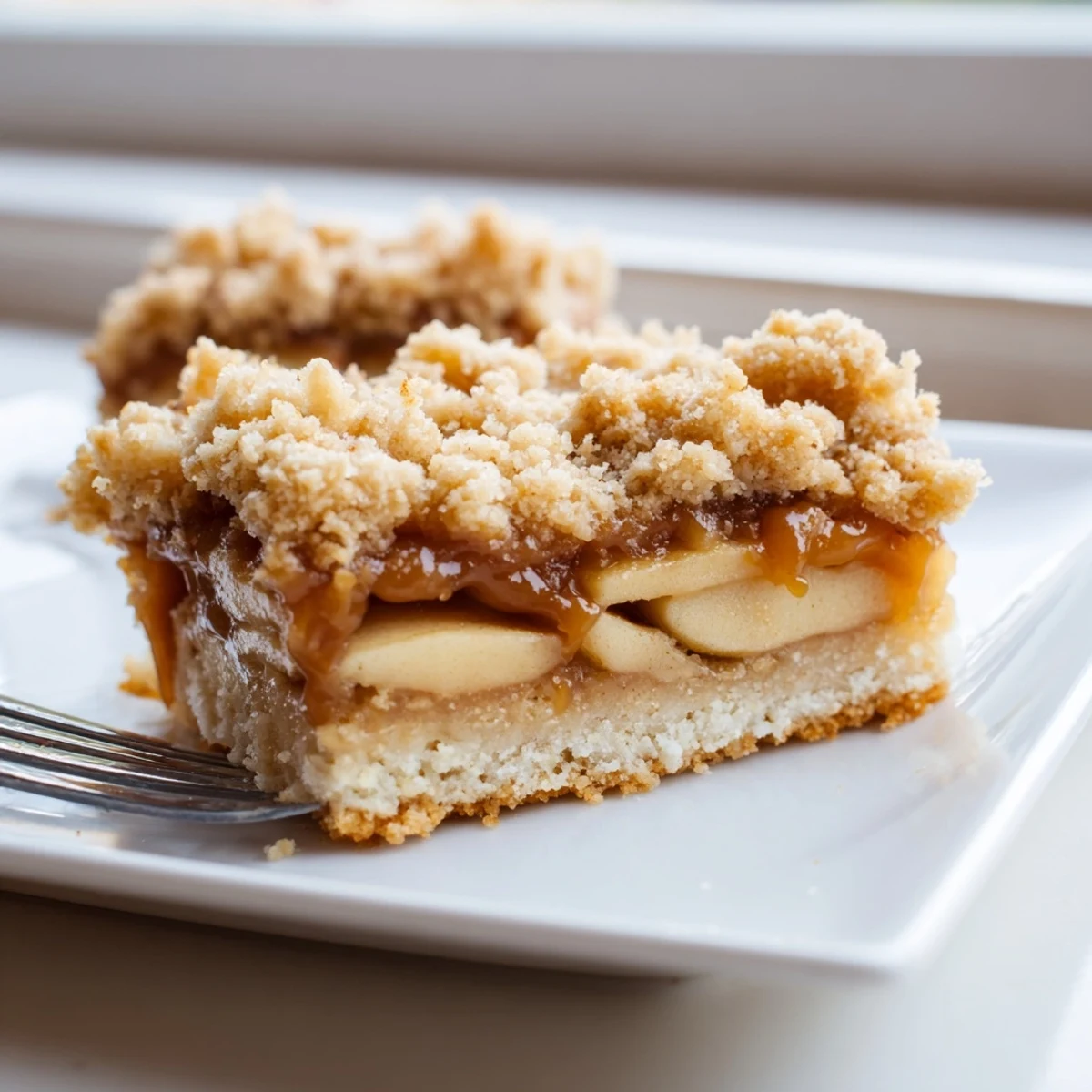 Warm caramel apple crumb bars cut into squares drizzled with extra caramel sauce