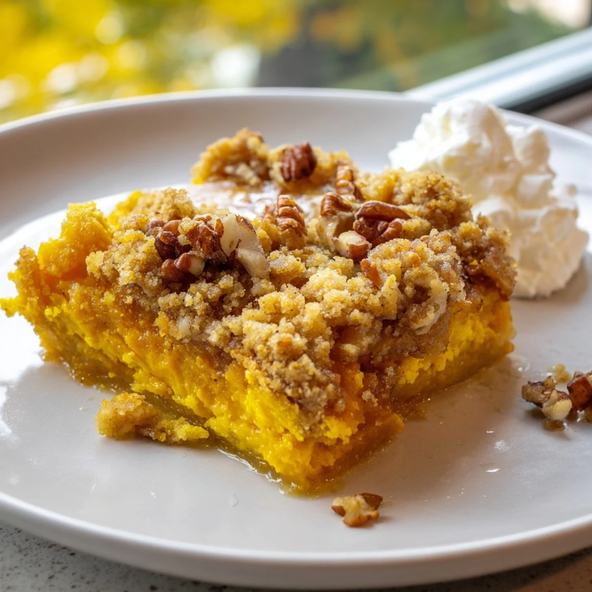 Warm pumpkin dump cake scooped into a bowl with whipped cream
