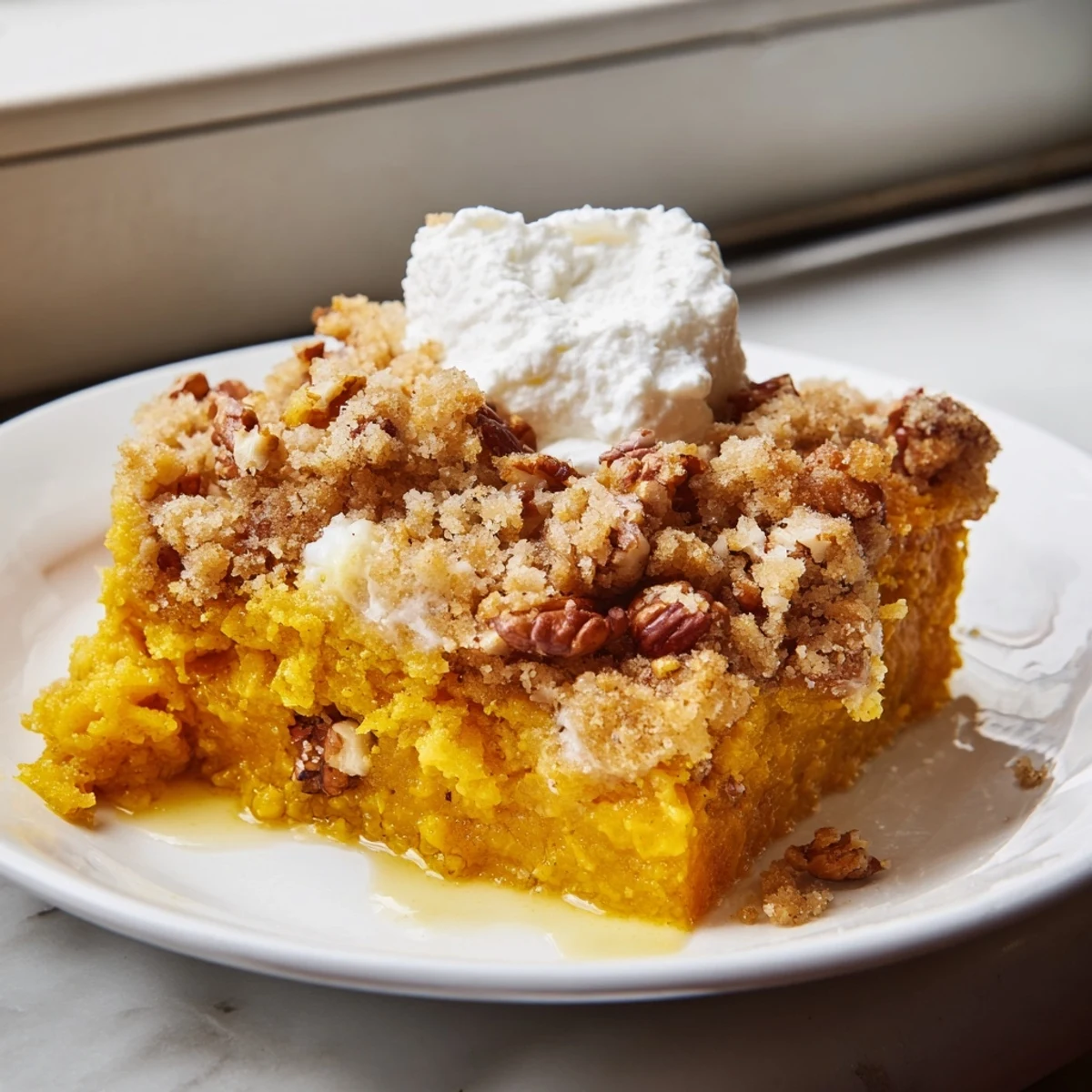 Golden pumpkin dump cake with spiced filling and buttery pecan streusel topping