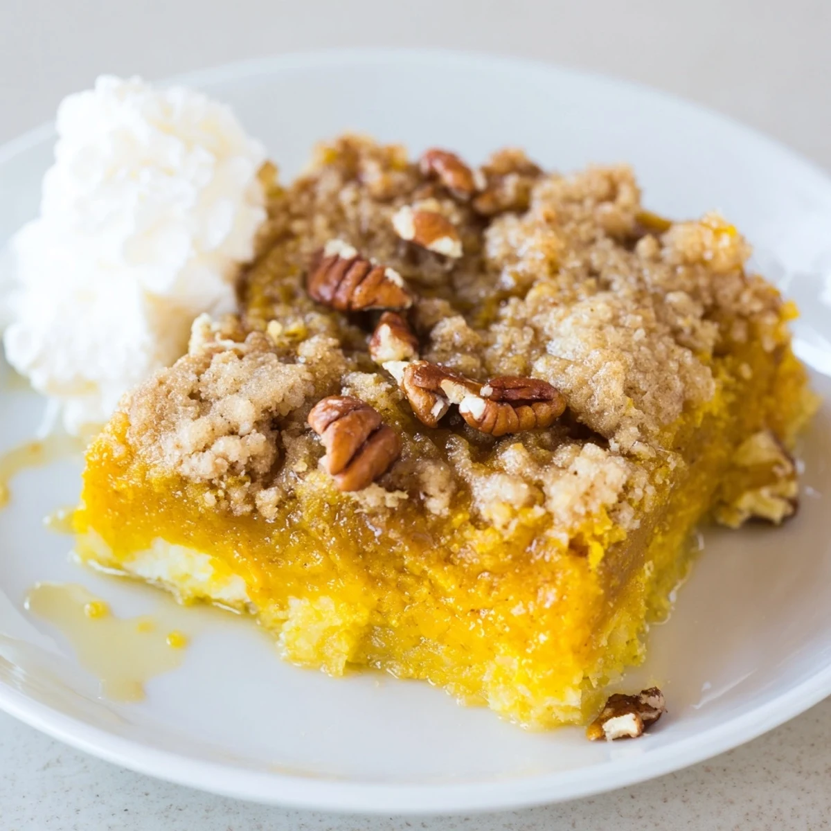 Creamy pumpkin dump cake with caramelized crust in a rustic baking dish