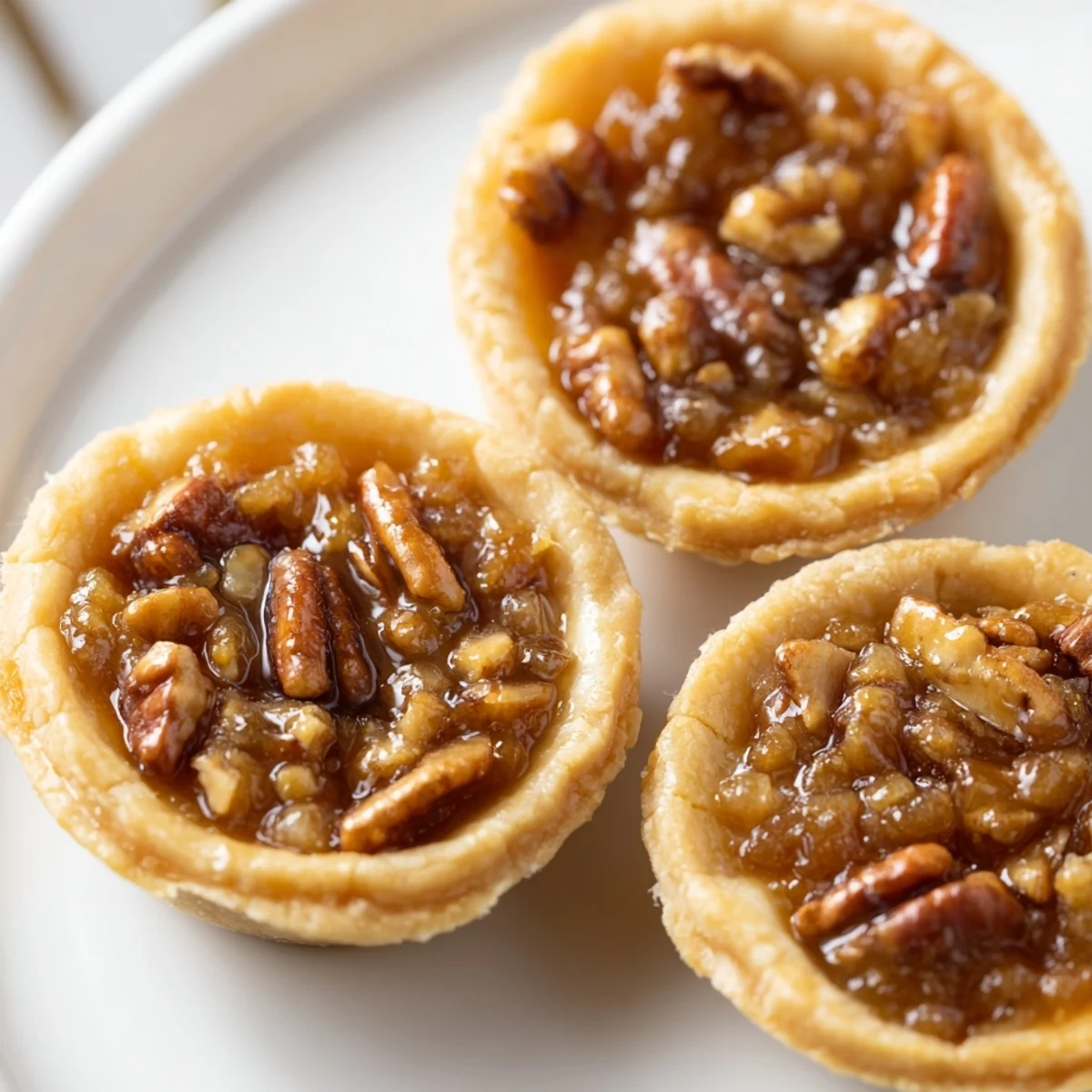 Golden mini pecan pies with caramelized filling, fresh from the oven on a wire rack