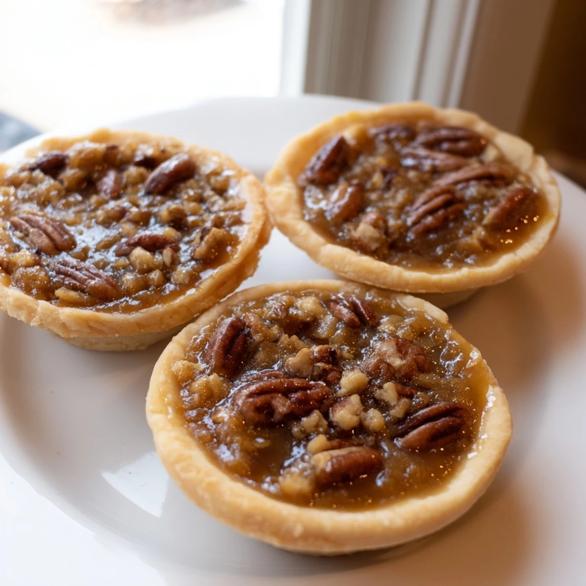 Bite-sized mini pecan pies topped with crunchy nuts and gooey brown sugar filling
