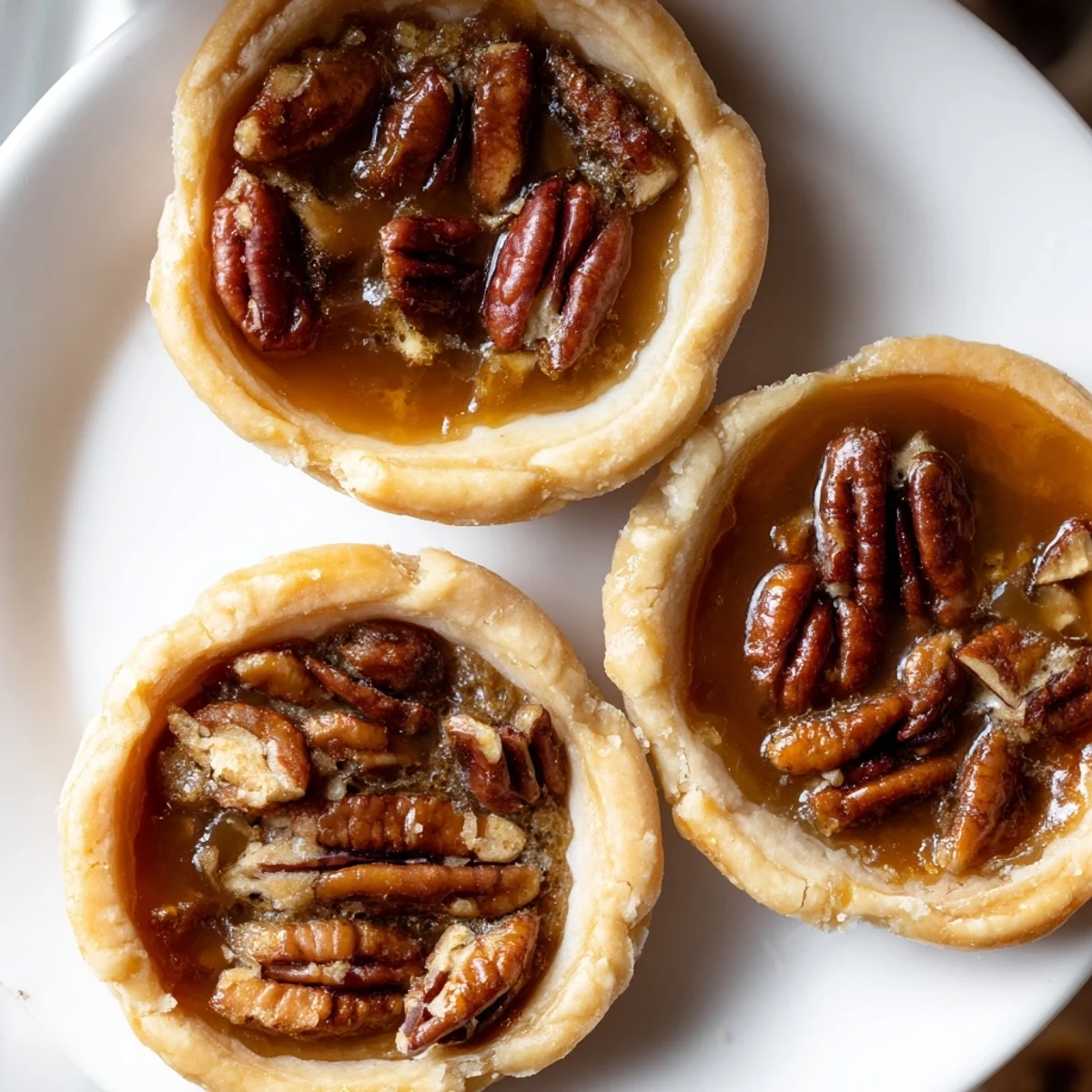 Mini pecan pies arranged on a festive holiday platter with a whipped cream dollop
