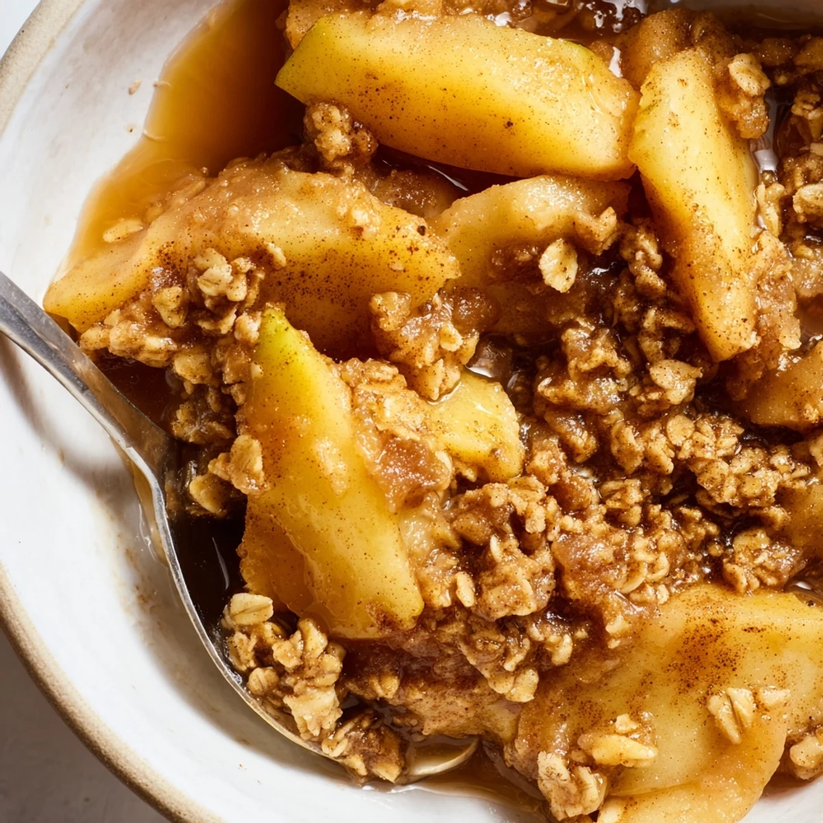 Warm crockpot apple crisp with tender cinnamon apples and golden oat topping