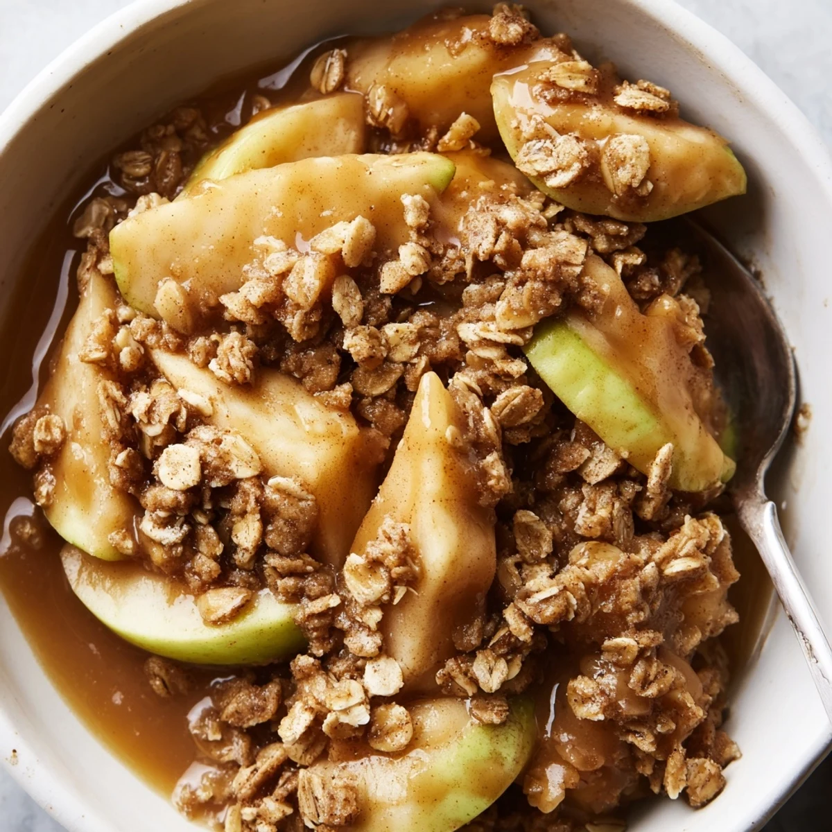 Creamy vanilla ice cream melting over a generous scoop of crockpot apple crisp