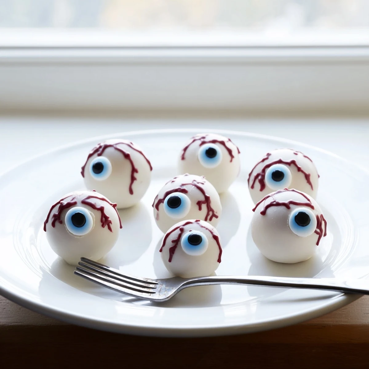 Halloween Cake Eyeballs with red veins and colorful irises on a spooky party platter