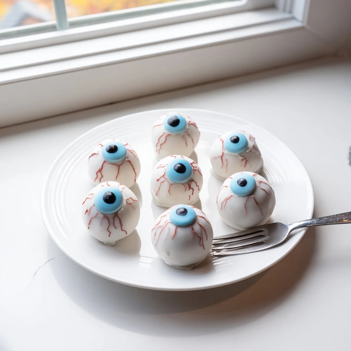 Chilled Halloween Cake Eyeballs arranged on parchment paper with glossy candy melt pupils and veining