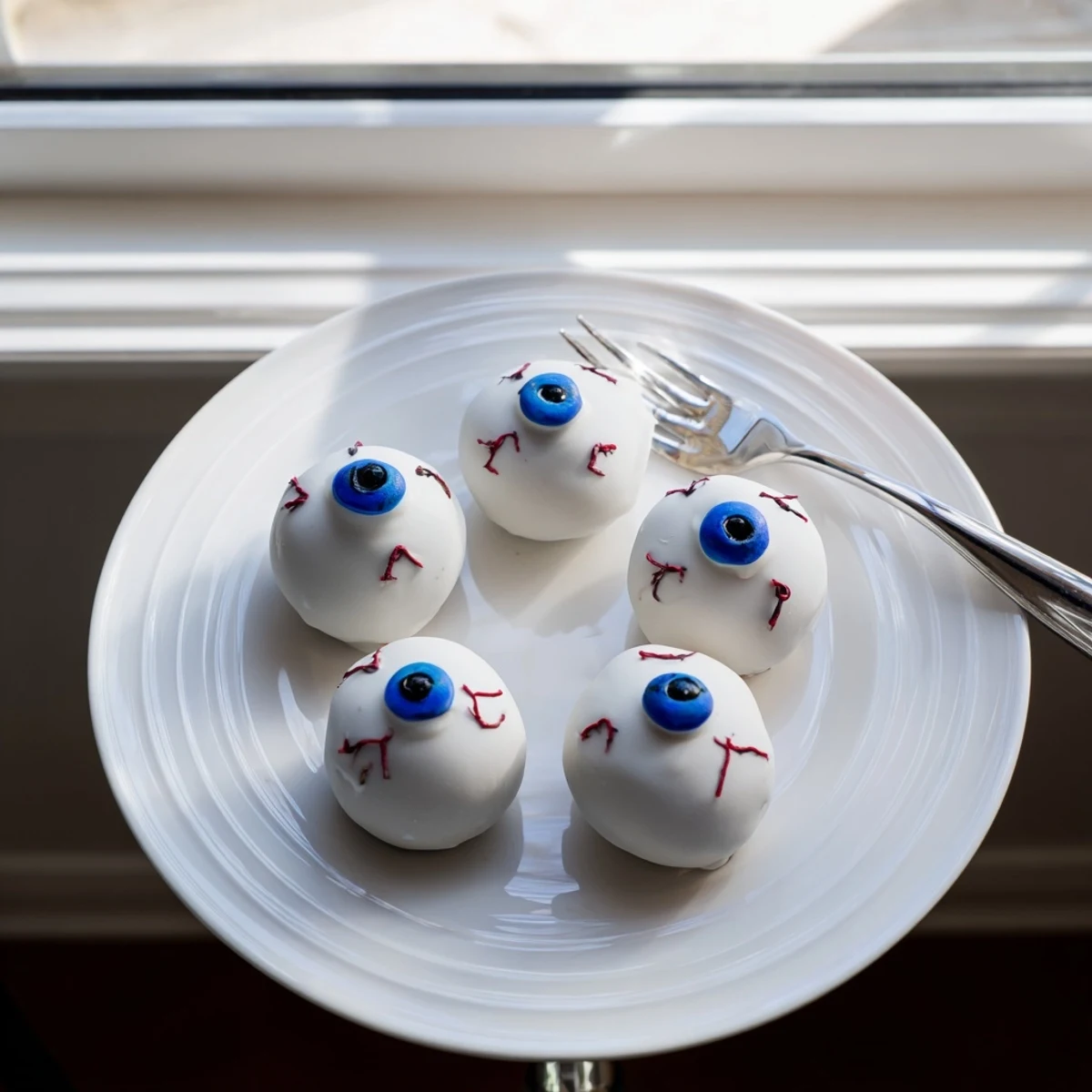 Creepy Halloween Cake Eyeballs coated in smooth white chocolate with detailed bloodshot vein lines