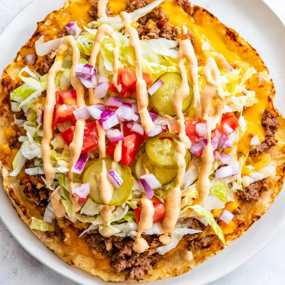 Steamy smash burger tacos recipe piled with diced tomato, onion, and a creamy sauce drizzle