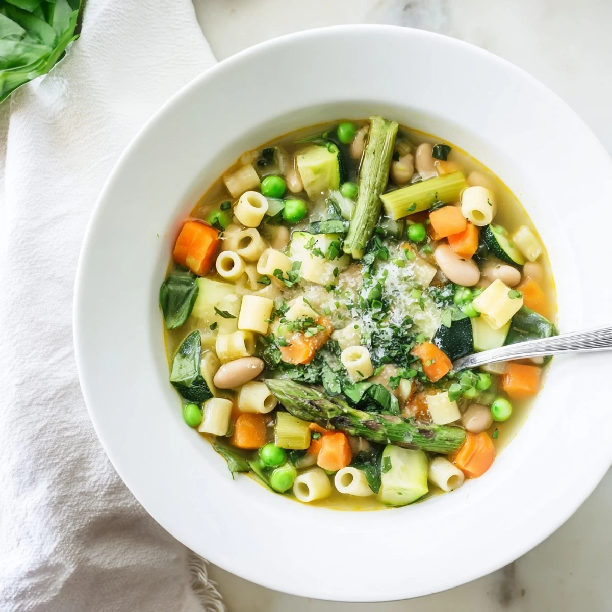 Colorful spring minestrone soup recipe brimming with tender pasta, peas, asparagus, and wilted spinach.