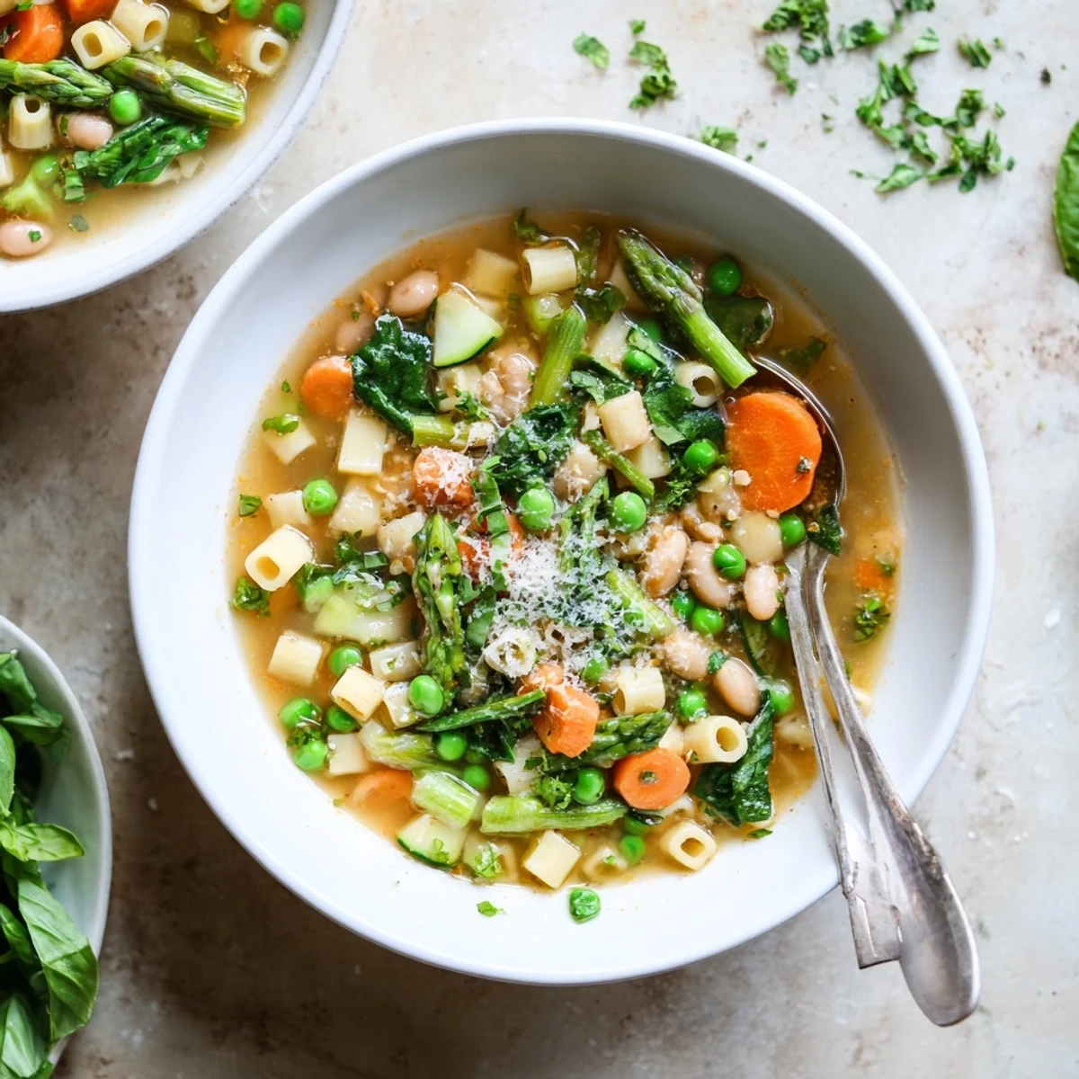Steaming bowl of spring minestrone soup recipe topped with grated Parmigiano Reggiano and fresh basil.
