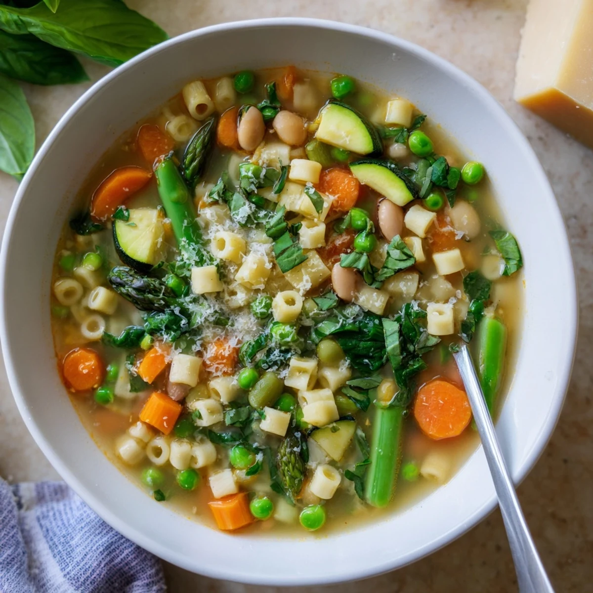 Golden spring minestrone soup recipe ladled into a rustic bowl alongside crusty bread.