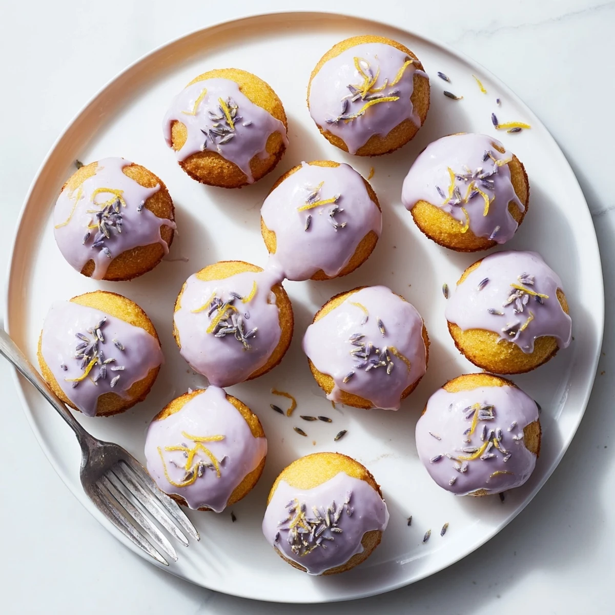 Golden mini lemon cakes with lavender glaze drizzled over their tender, golden crumb tops