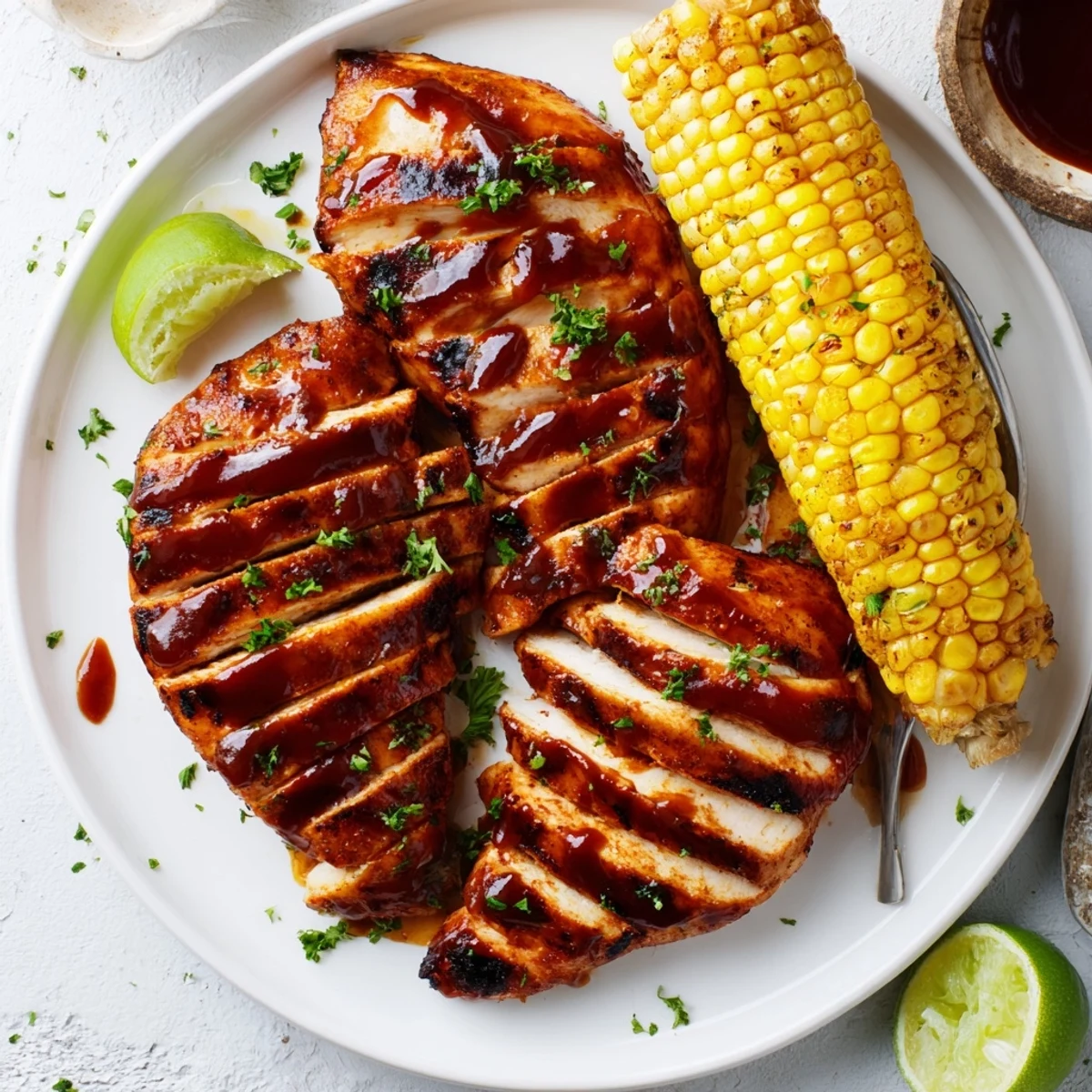 BBQ Chicken With Corn sizzling on grill, juicy chicken and charred kernels  