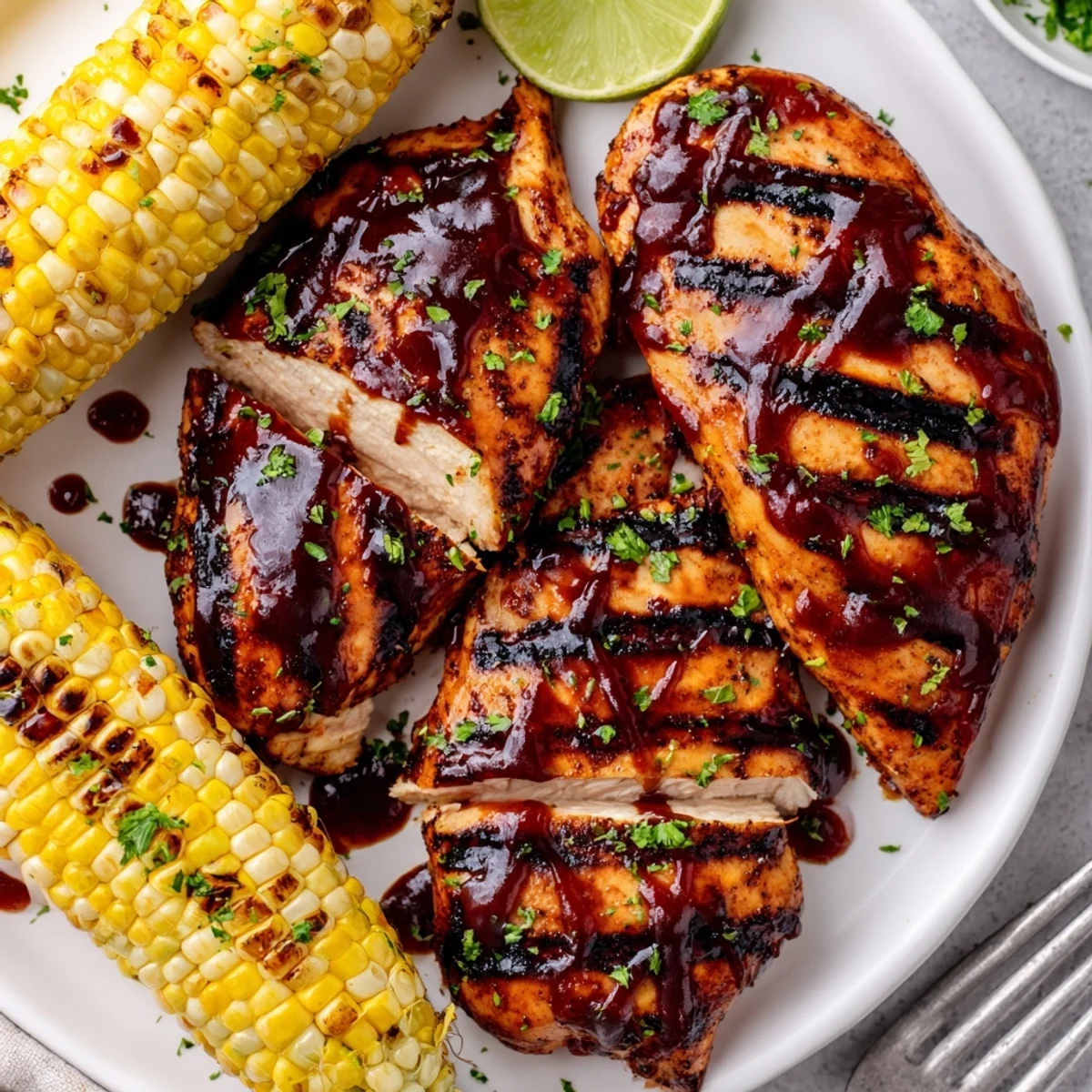 Weeknight BBQ Chicken With Corn, smoky-sweet sauce brushed, tender slices ready