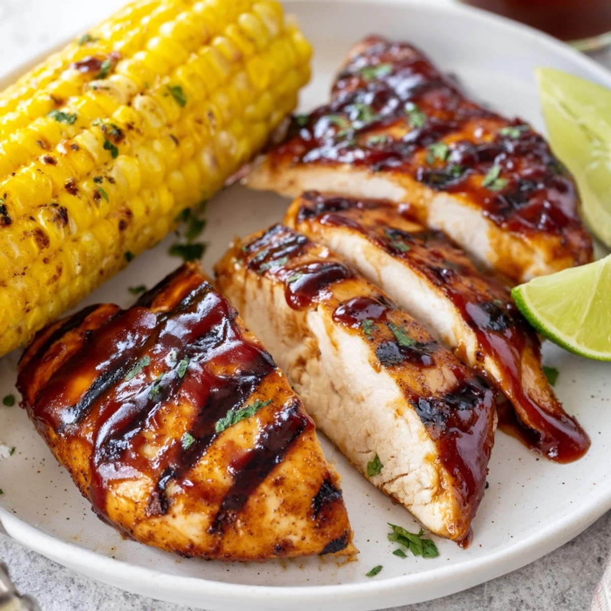 Grilled BBQ Chicken With Corn plated beside buttery cob, fresh parsley, lime  
