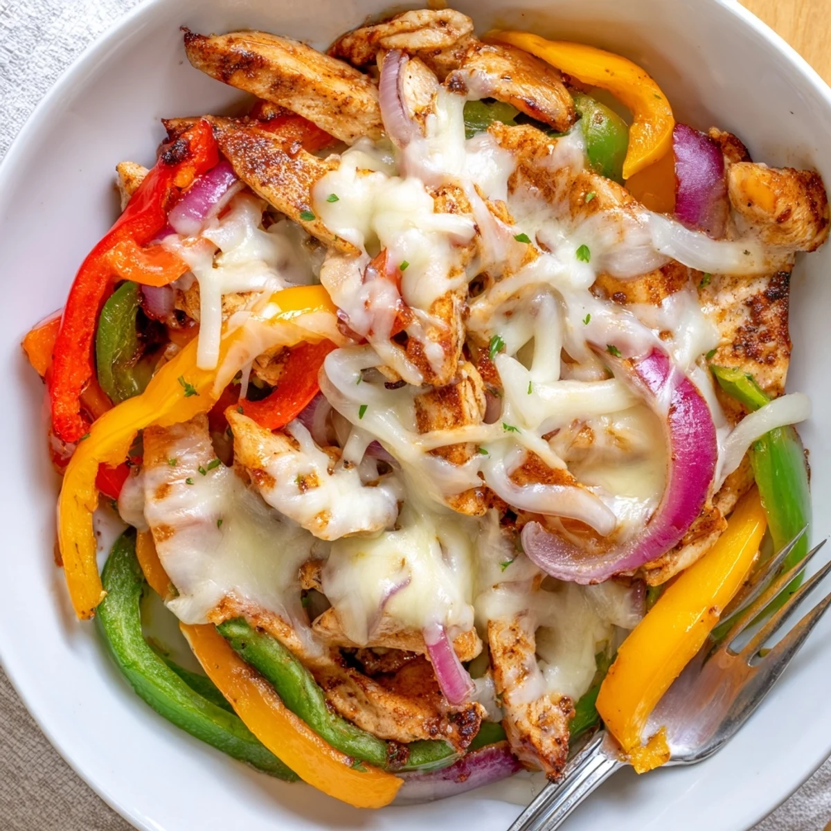 Cheesy Baja Chicken Bell Pepper Skillet sizzling with melted cheese and cilantro