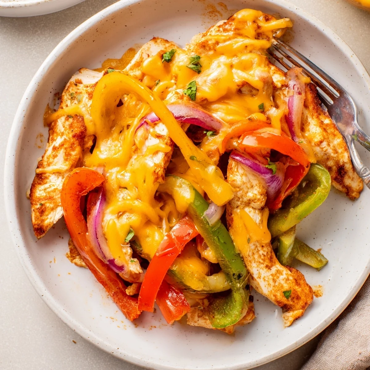 Bright lime squeezed over Cheesy Baja Chicken Bell Pepper Skillet for freshness