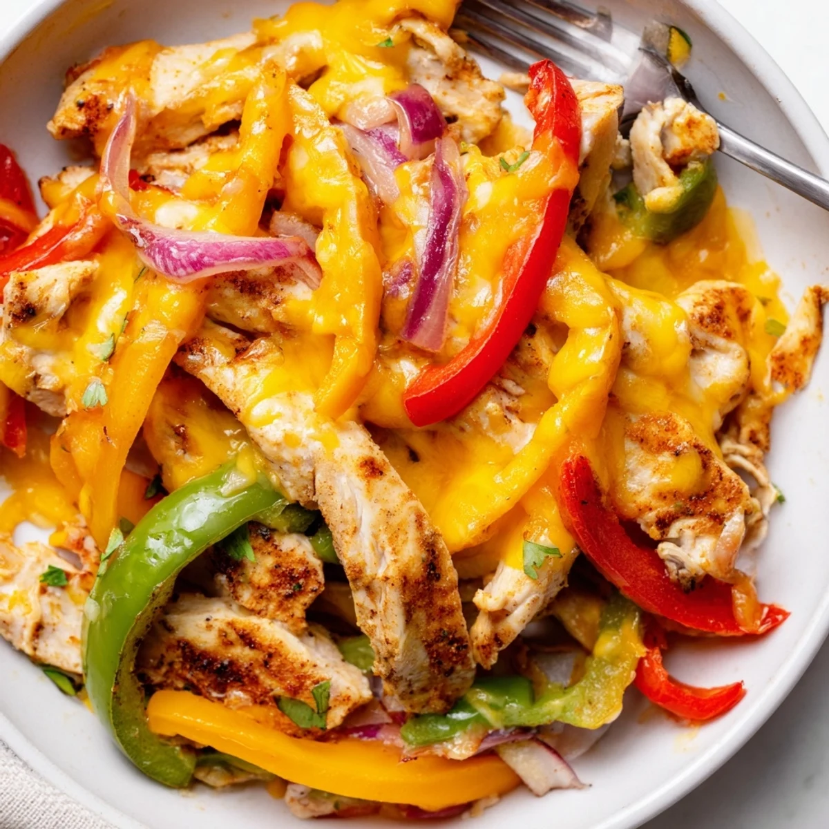 A one pan Cheesy Baja Chicken Bell Pepper Skillet, juicy chicken and peppers