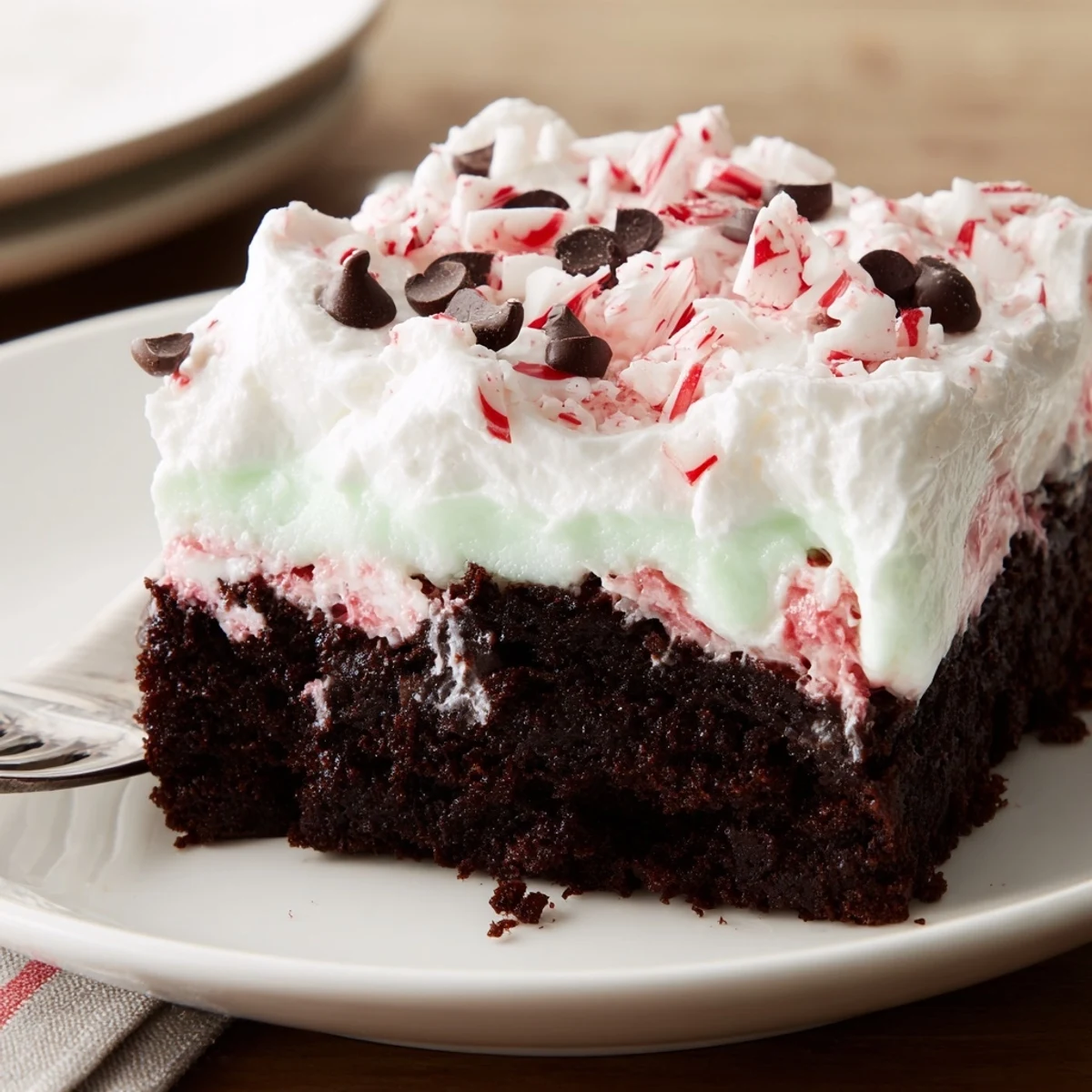 Peppermint Poke Cake chilled with fluffy whipped topping and crushed candy cane  
