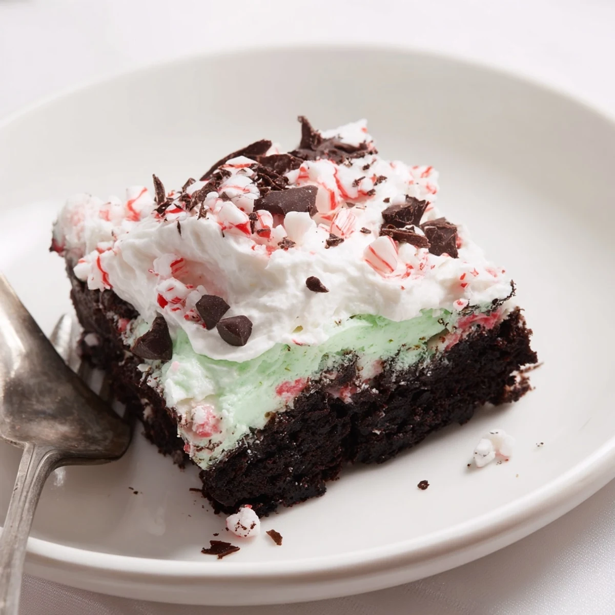 Festive Peppermint Poke Cake with soft chocolate crumb and cooling mint filling