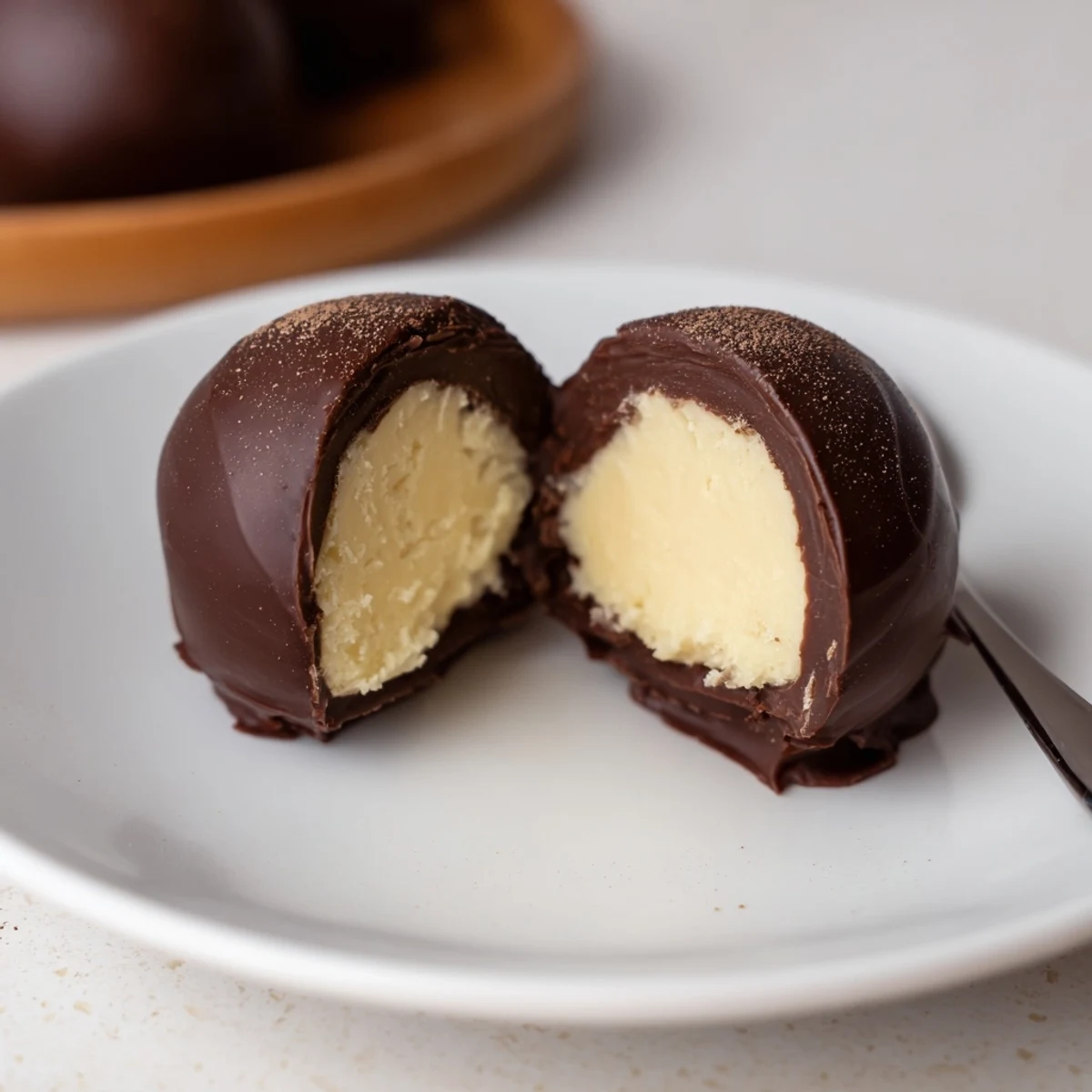 Dark Chocolate Eggnog Truffles glistening with glossy shells, dusted nutmeg, on parchment