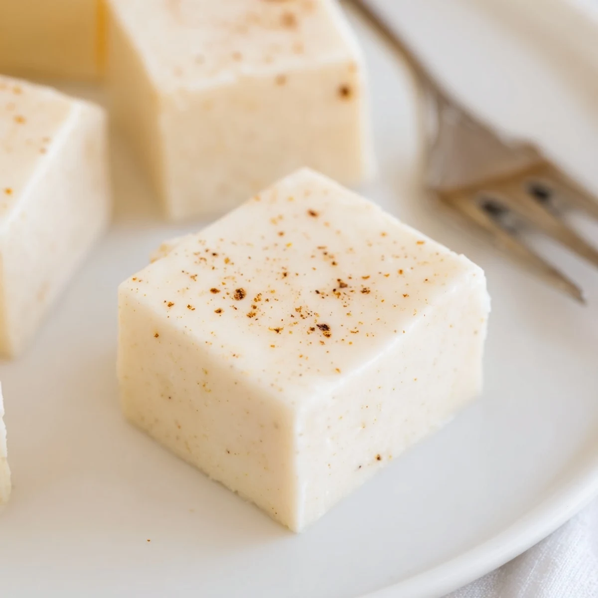 Homemade Eggnog Fudge chilled until firm, cut into glossy white squares  