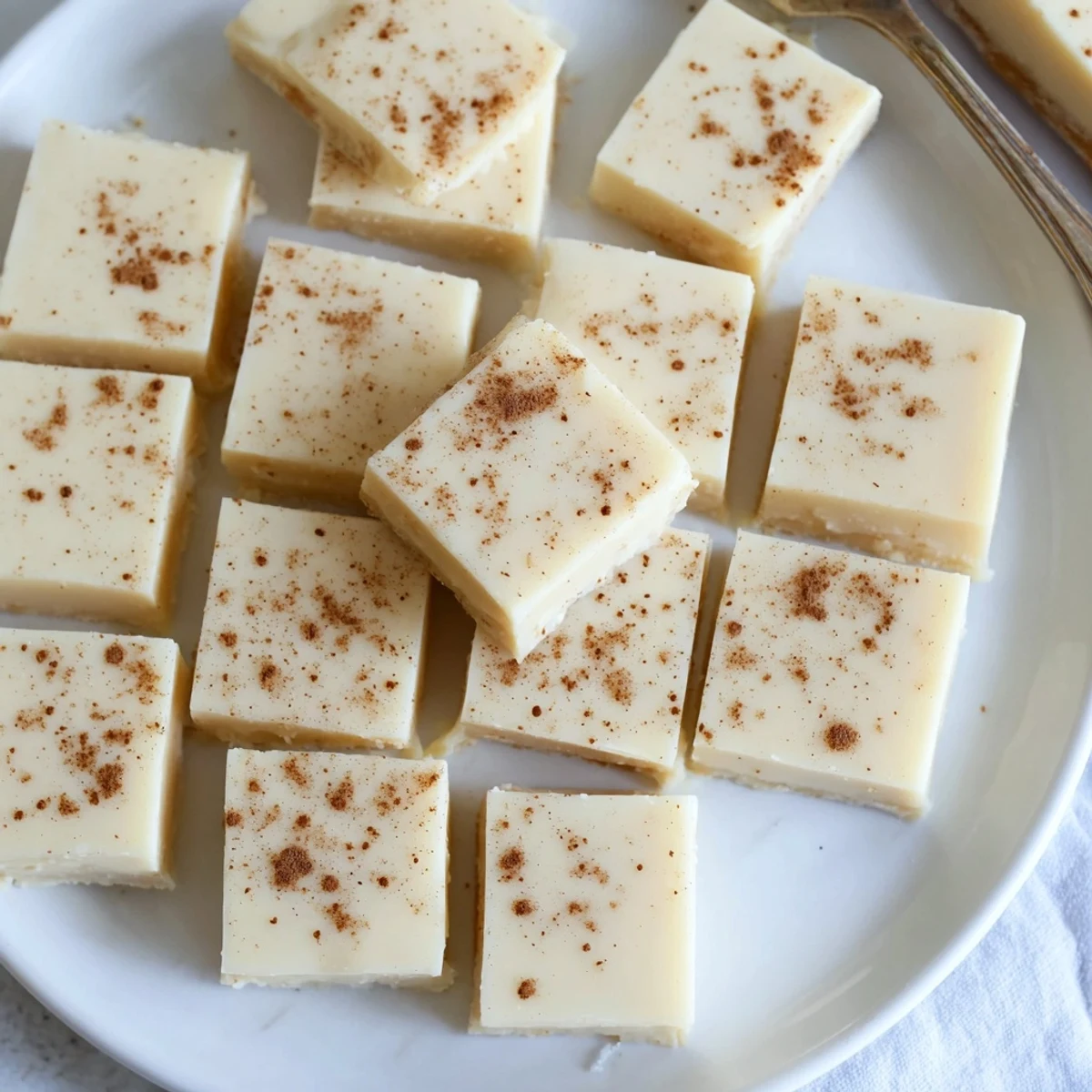 Creamy Eggnog Fudge squares dusted with nutmeg, stacked on parchment  