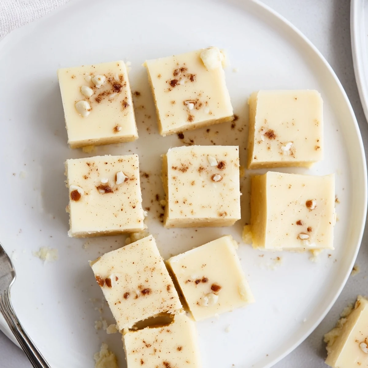 Decadent Eggnog Fudge flavored with nutmeg and vanilla, perfect holiday gift