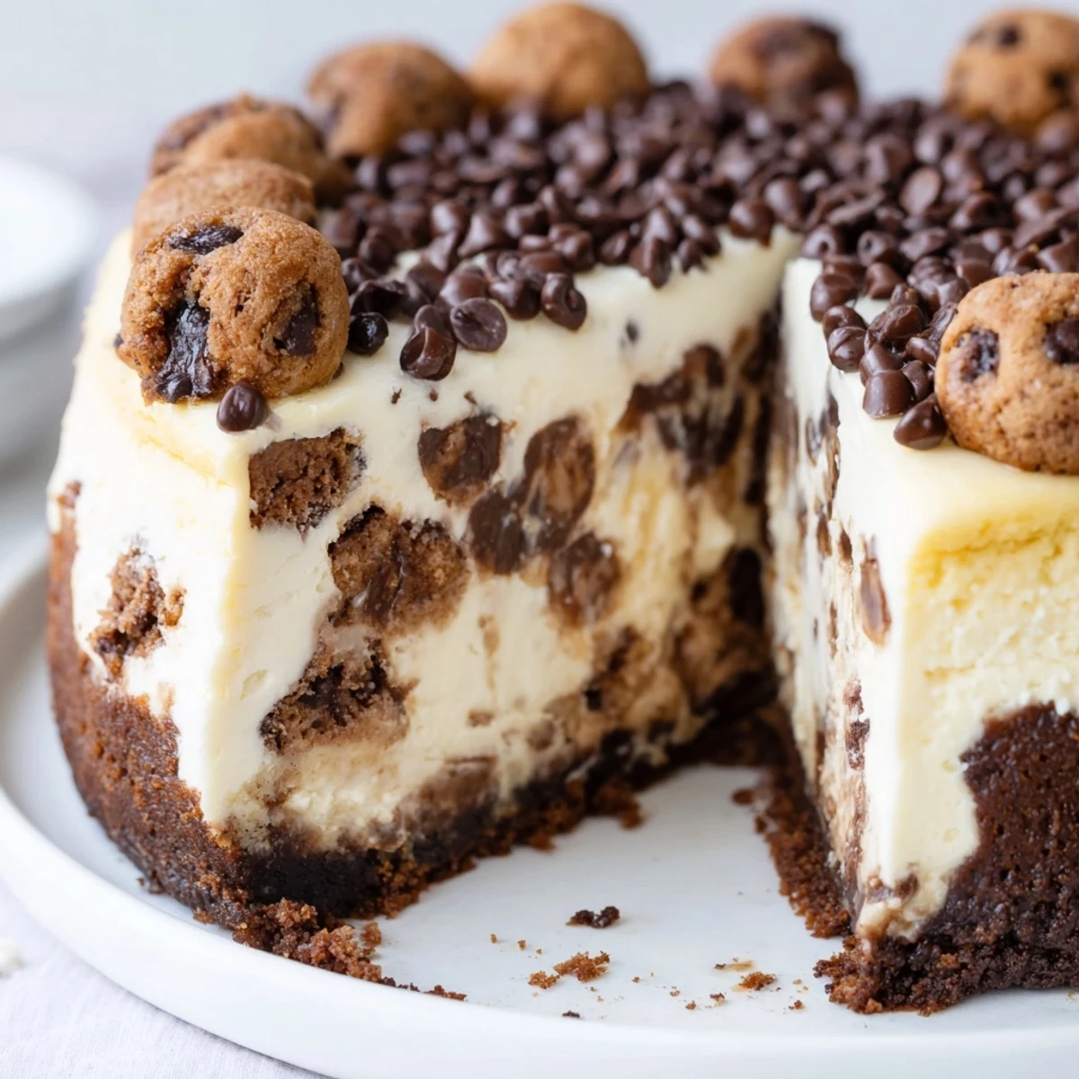 Chocolate Chip Cookie Dough Cheesecake chilled on plate, creamy texture and cookie pockets