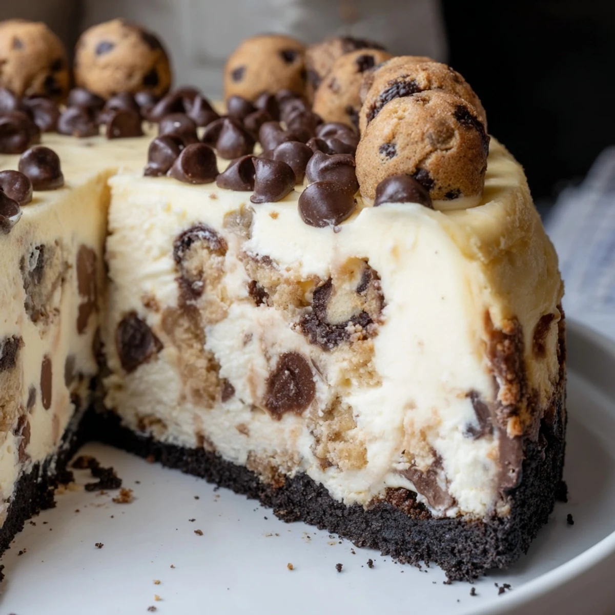 Slice of Chocolate Chip Cookie Dough Cheesecake showing marbled filling and dough balls