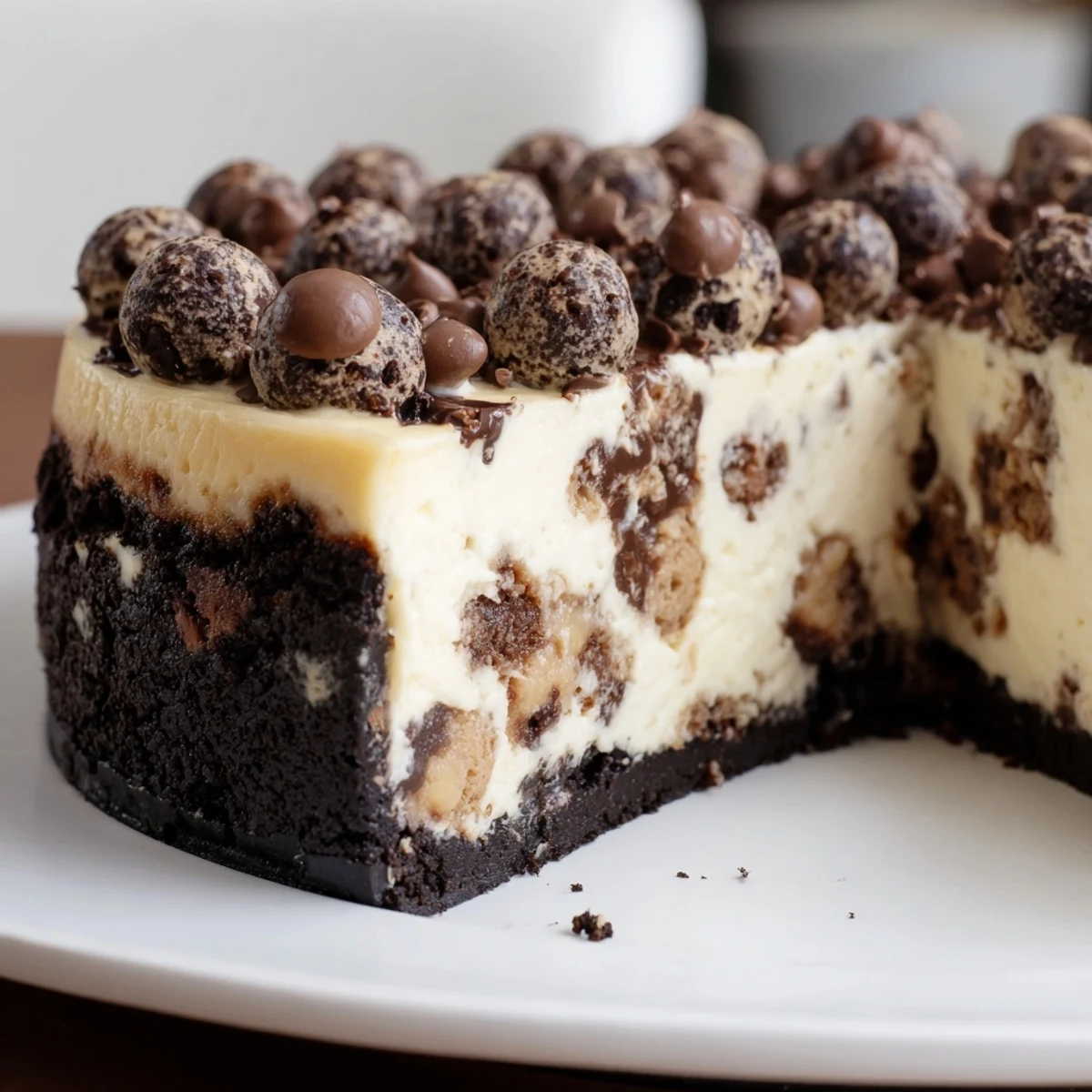 Homemade Chocolate Chip Cookie Dough Cheesecake topped with mini chips and chocolate drizzle