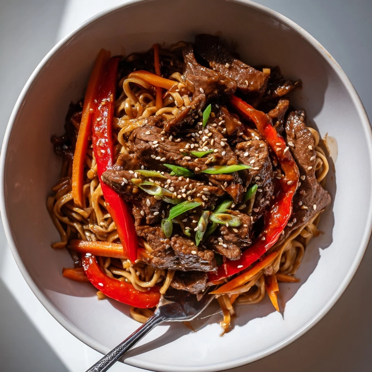 Sticky Beef Noodles glistening with glossy sauce, tender beef and sesame garnish