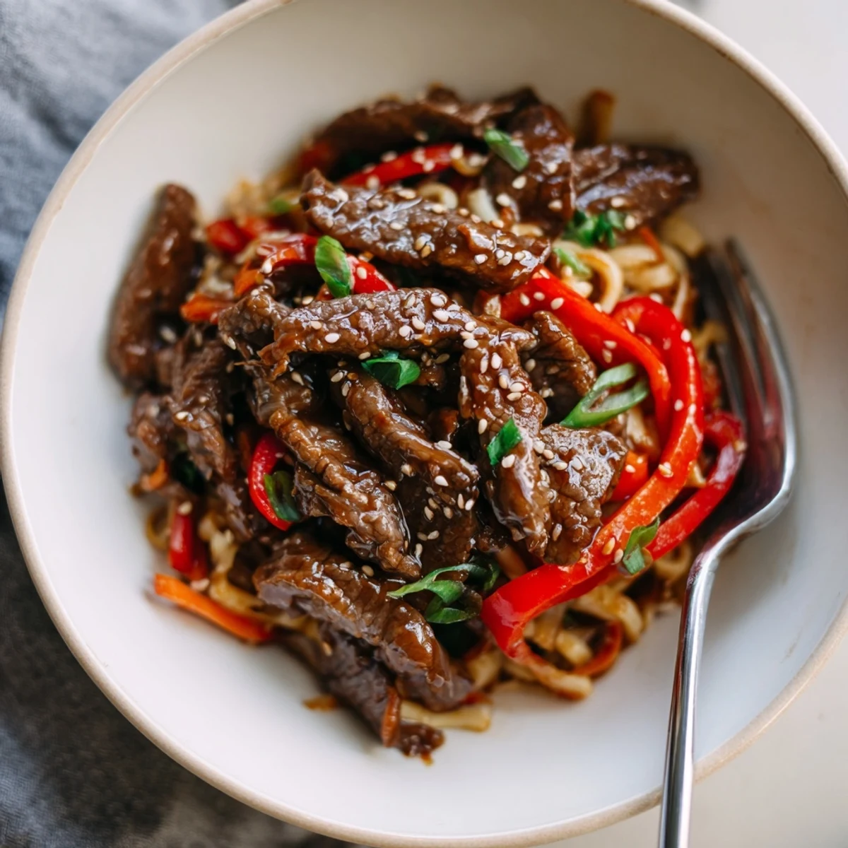 Stir-fried Sticky Beef Noodles coated in glossy sauce, sesame seeds and scallions