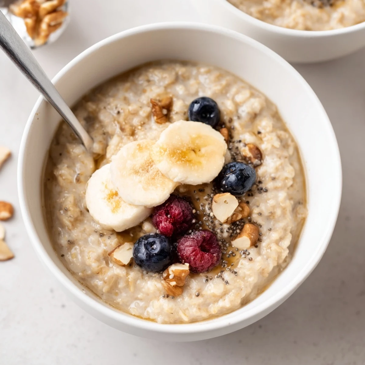Creamy Protein Oatmeal topped with banana slices, nuts, and fresh berries