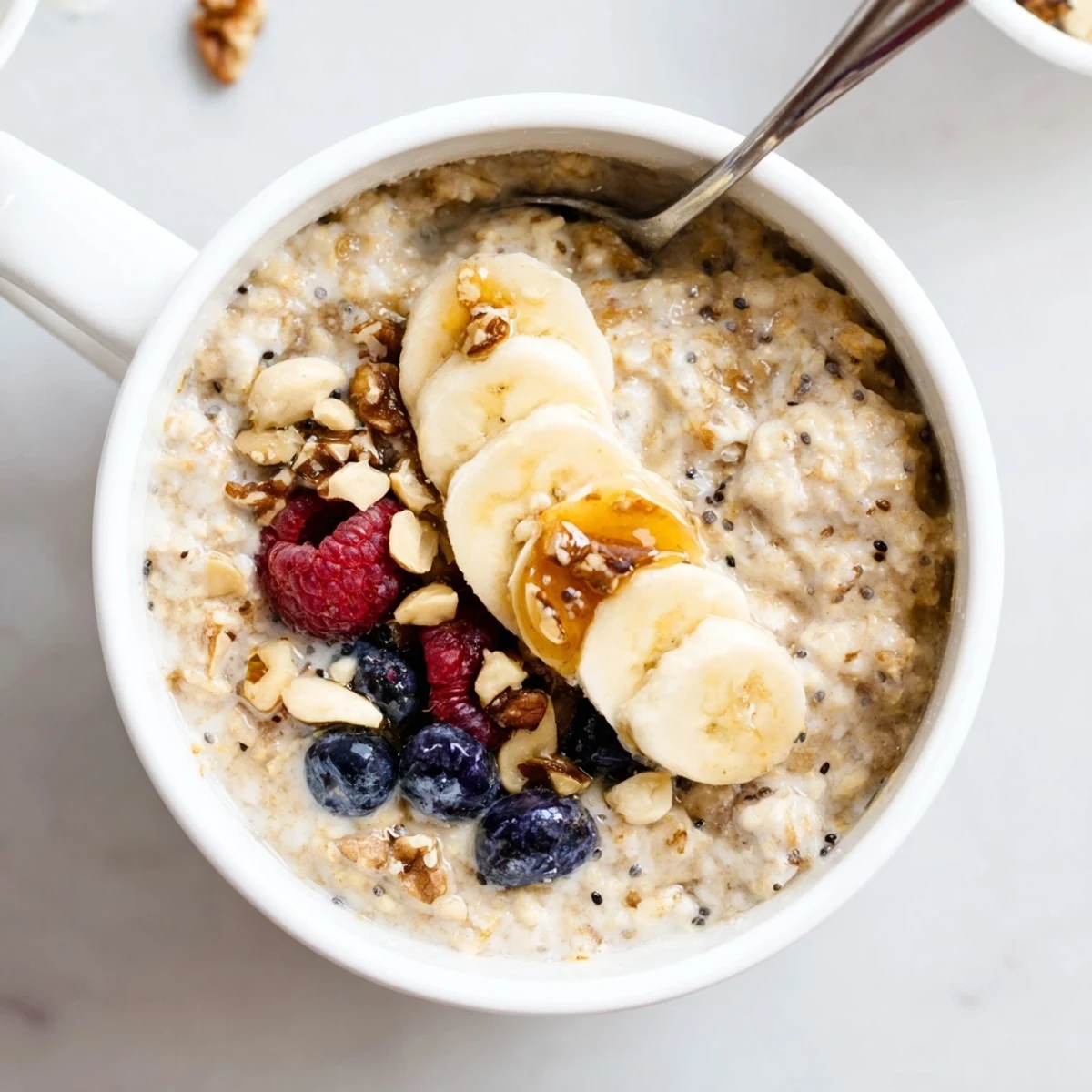 Warm Protein Oatmeal simmered until creamy, drizzled with maple syrup