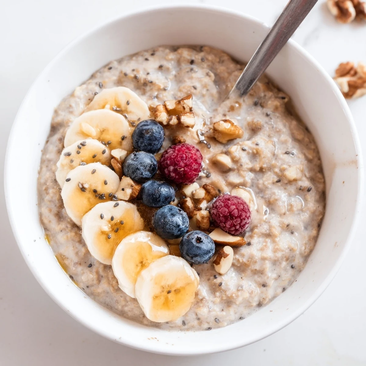 Hearty Protein Oatmeal served in bowls, sprinkled with chia seeds, crunchy nuts